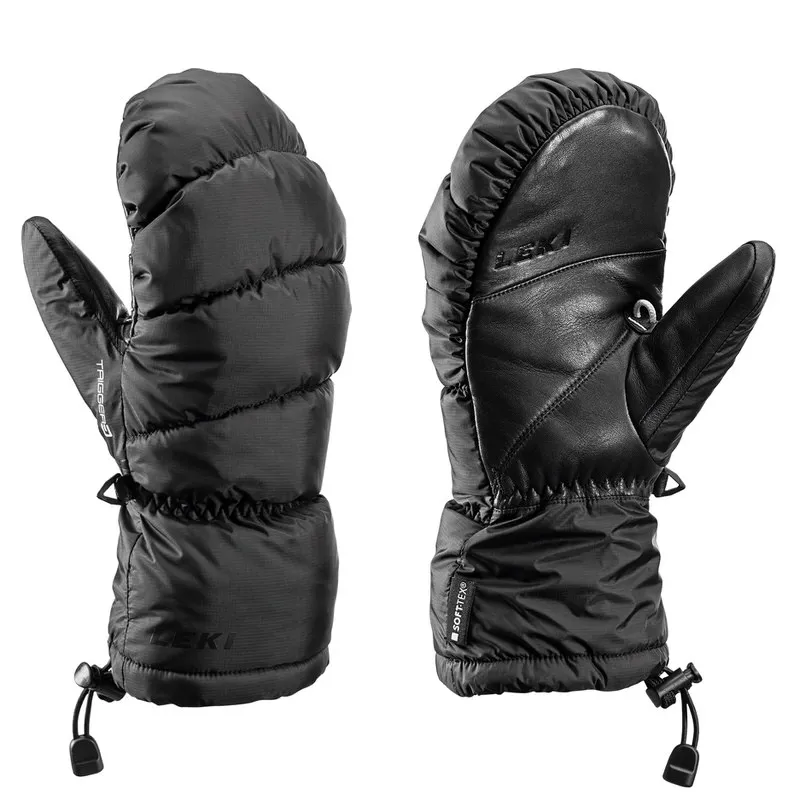 Zwei schwarze Leki Glace 3D Mitt Fäustlinge, einer zeigt die Stoffseite, der andere die Lederseite.
