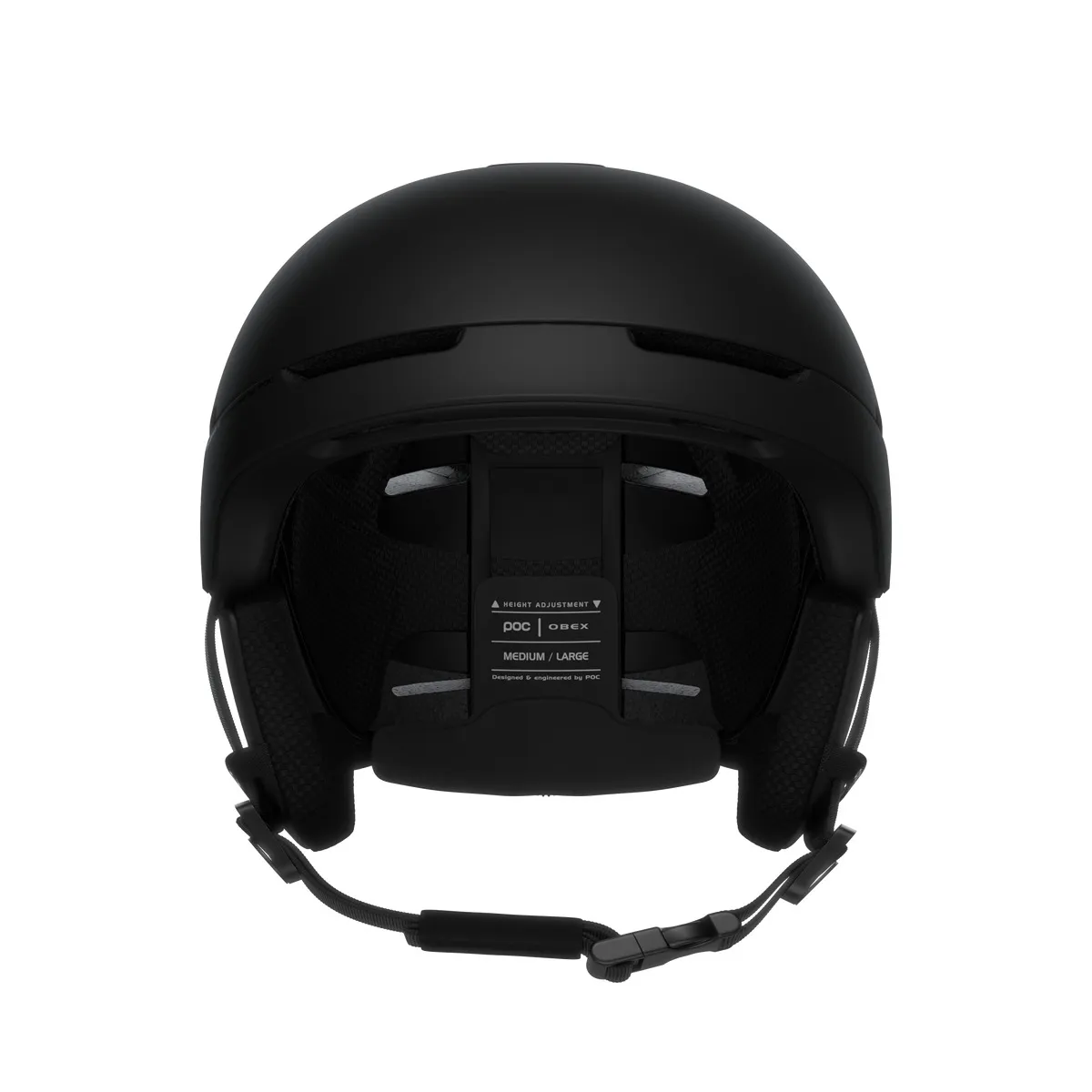 Frontansicht: Schwarzer POC Obex BC Mips Skihelm mit Gurt, Ohrpolstern und Größenangabe.
