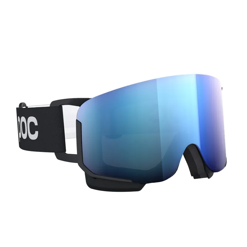 Skibrille mit schwarzem Rahmen und blau verspiegelter Linse, das Band ist schwarz mit weißen POC Buchstaben.