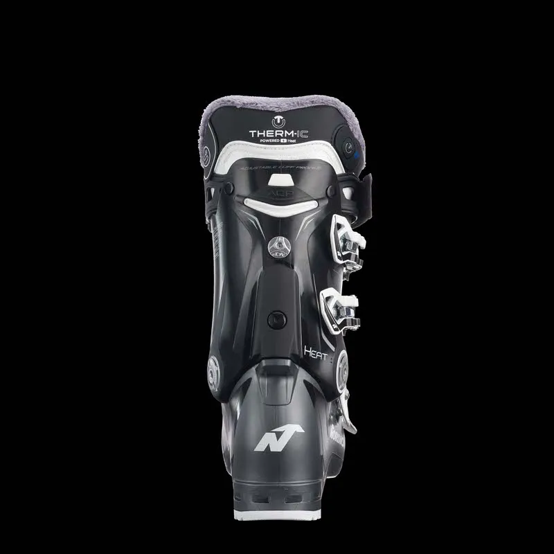 Schwarzer Speedmachine Heat 85 W Skischuh von hinten, Therm-ic Logo oben, silberne Schnallen und Nordica Logo unten.