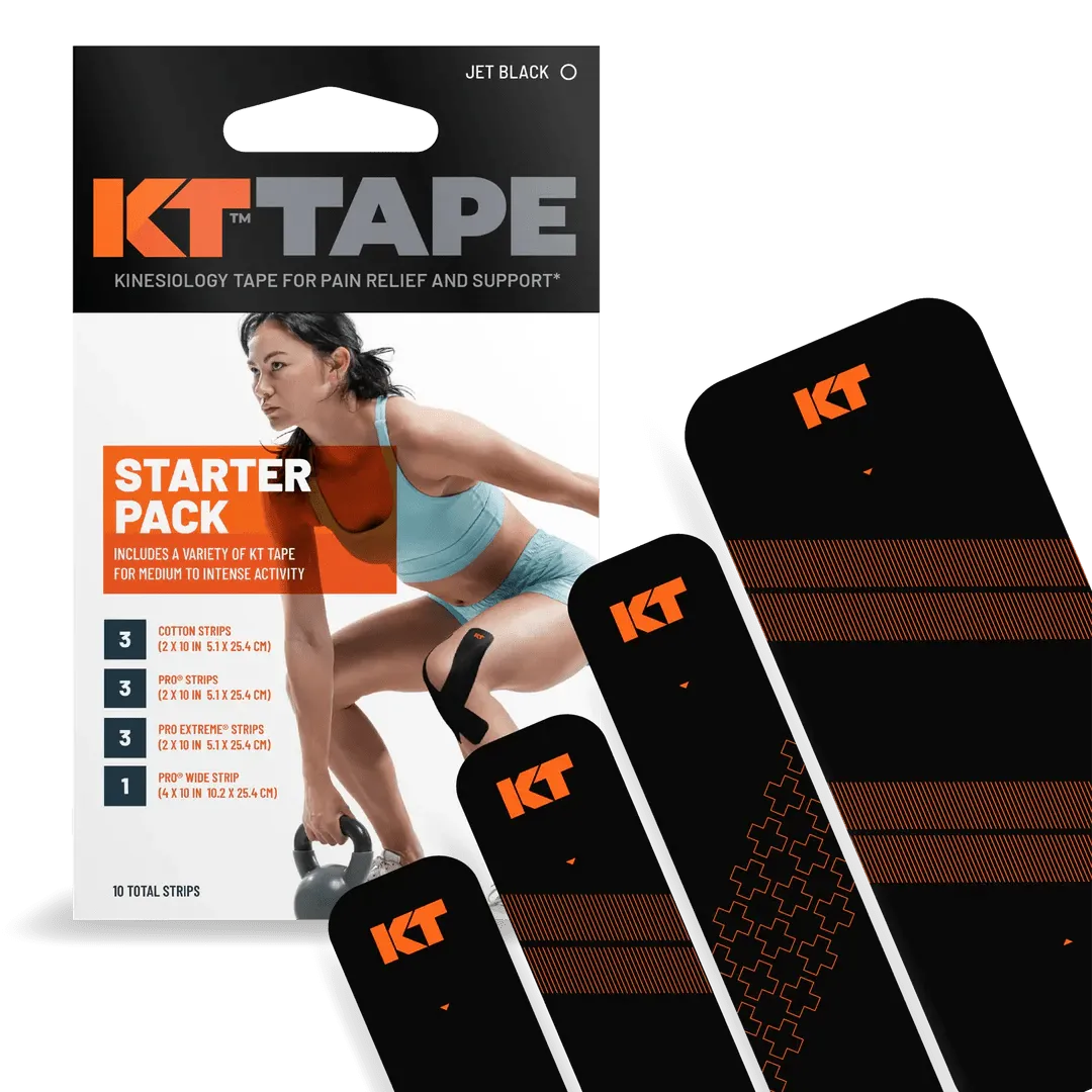 KT Tape Starter Pack: Verpackung mit Produktinformationen und vier Kinesiotape Streifen in Schwarz/Orange.