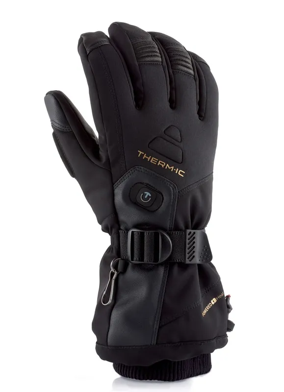 Schwarzer Therm-ic Heat Ultra Glove Men von der Seite, mit sichtbarem Logo, Knopf und Verschlussband.