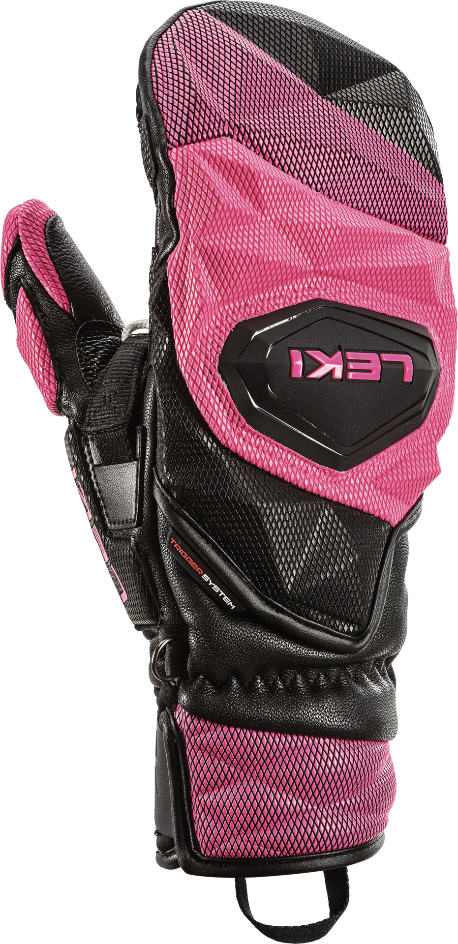 Nahaufnahme von einem Leki WCR Venom SL 3D Mitt in Pink und Schwarz. Das Leki Logo ist sichtbar.
