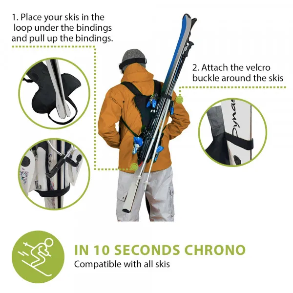 Grafik zeigt, wie Skier mit dem Skiback Cordura Light Rücken-Tragesystem in Schlaufen befestigt und mit Klettverschluss fixiert werden.