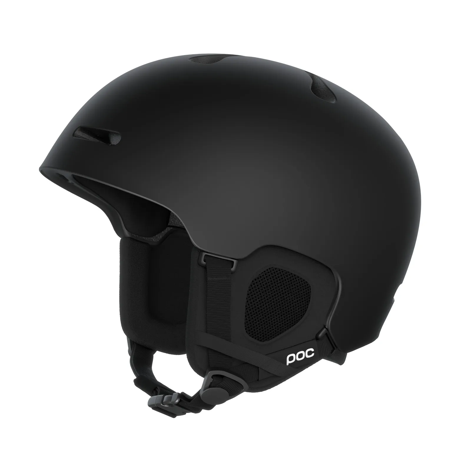 Schwarzer POC Fornix Skihelm in Matt-Optik, seitliche Ansicht, Kinnriemen sichtbar.