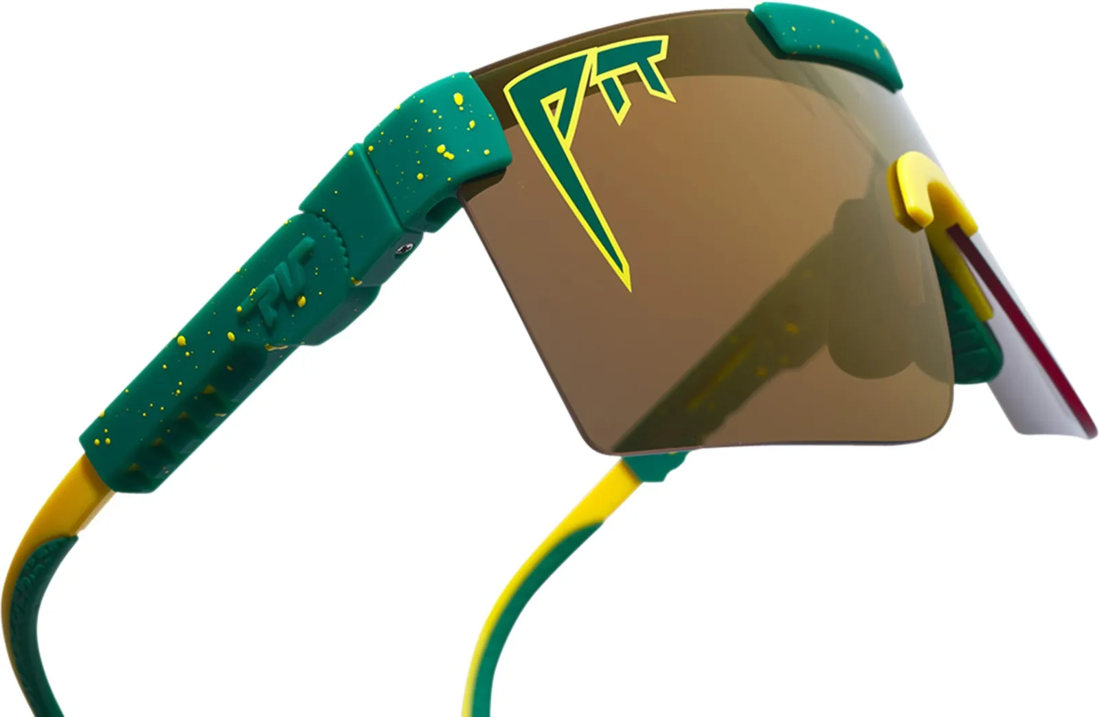 Grün-goldene polarisierte Pit Viper Sonnenbrille mit gelbem Logo und Details.