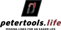 Logo mit stilisiertem "p" in Schwarz/Rot über dem Text "petertools.life" und dem Slogan "MISSING LINKS FOR AN EASIER LIFE".

