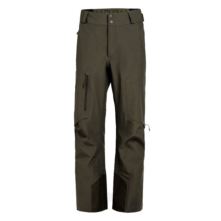 Eine Y-1 HD GORE-TEX Pro 3L Shell Pant in Forest Green, frontal dargestellt. Die Hose hat Taschen und Reißverschlüsse.