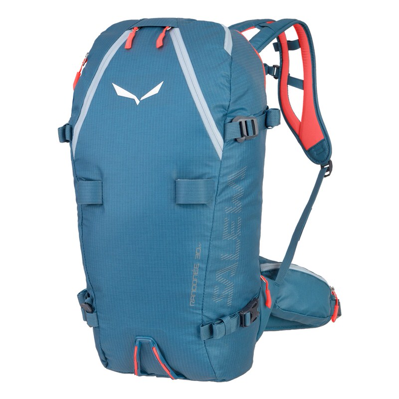 Blauer Salewa Damen Rucksack Blauer Salewa Randonee 30L Damen Rucksack, Frontansicht, rote Akzente an Reißverschlüssen und Trägern.