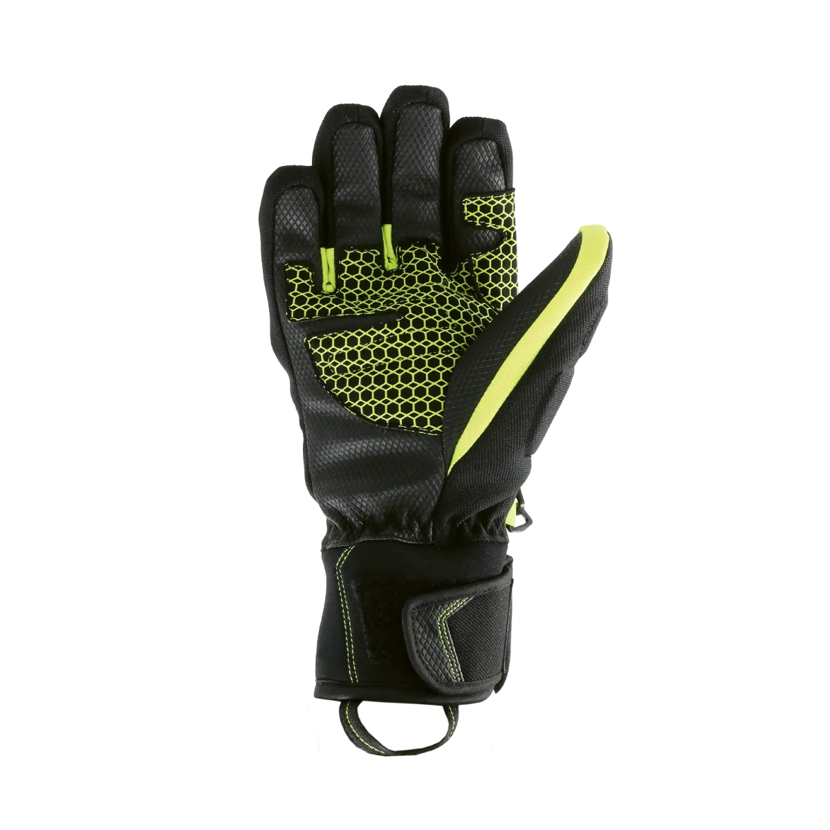 Eine schwarze Handschuhe mit neon-gelben Akzenten, die nach oben zeigt und die Handfläche präsentiert.