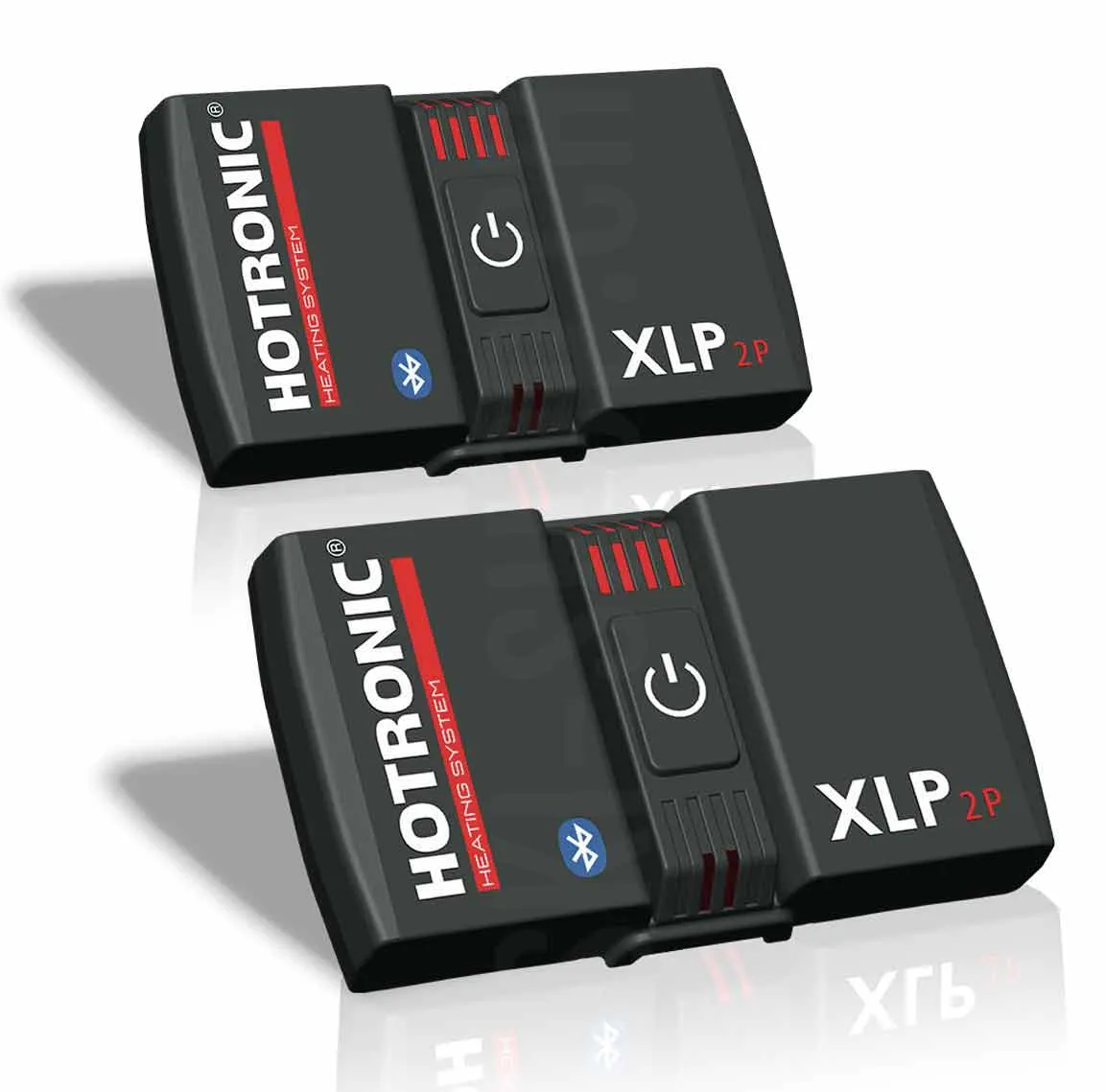 Zwei schwarze Hotronic XLP 2P BT Akkus mit Schalter, Bluetooth-Symbol und rotem Schriftzug.