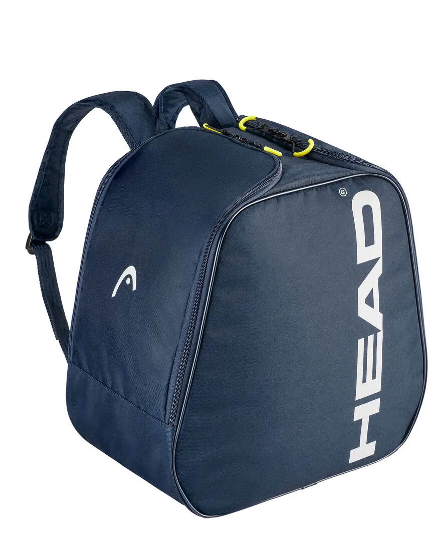 Blauer Head Skischuh Rucksack mit Trägern, Reißverschlüssen und großem, weißem Logo.