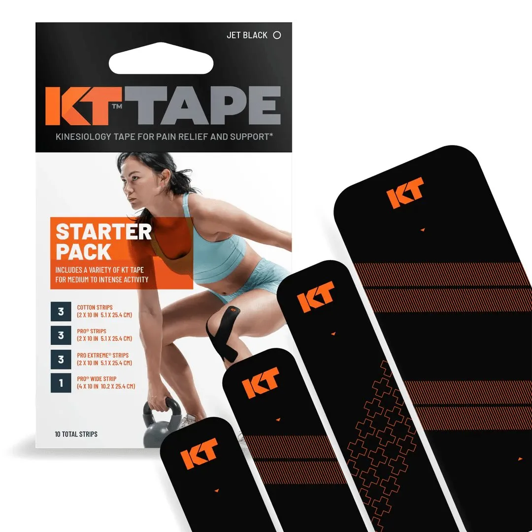 KT Tape Starter Pack: Verpackung mit Produktinformationen und vier Kinesiotape Streifen in Schwarz/Orange.