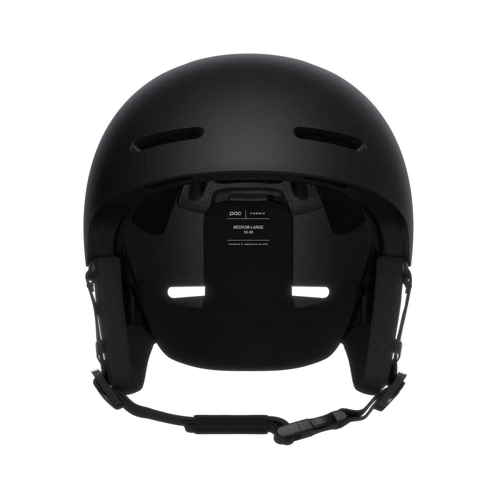 Matt schwarzer POC Fornix Skihelm von hinten, mit Grössenangabe und Kinnriemen.