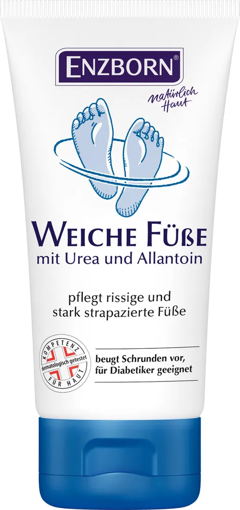 Tube "Weiche Füsse" mit Füße-Illustration, mit Urea und Allantoin für rissige, strapazierte Füße.