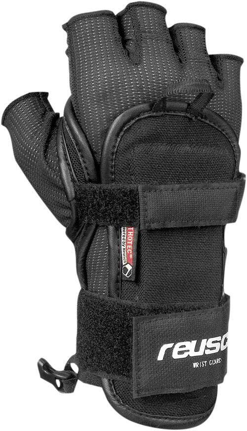 Schwarzer Reusch Wrist Guard Handschuh mit Handgelenkstütze und offen Fingern, mit Klettverschlüssen.