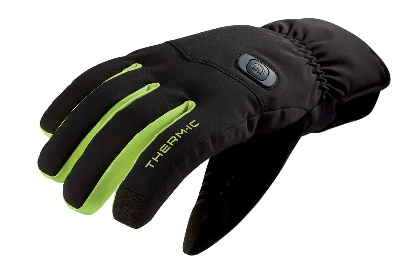 Therm-ic Powergloves Light+: Schwarzer Handschuh mit grünlichen Akzenten und Therm-ic Logo, inklusive Bedienknopf.
