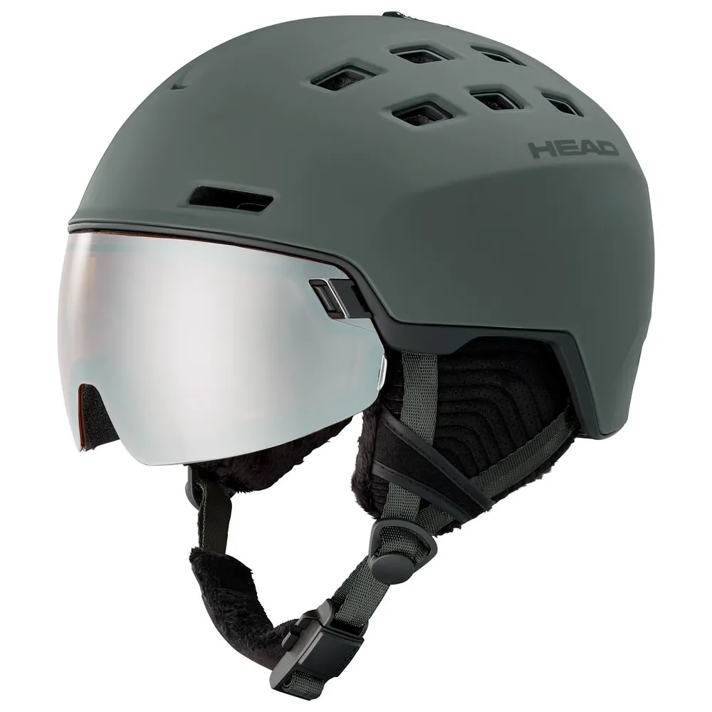Skihelm "Head Radar" in Nachtgrün mit silbernem Visier, Kinnriemen und Belüftungsöffnungen.