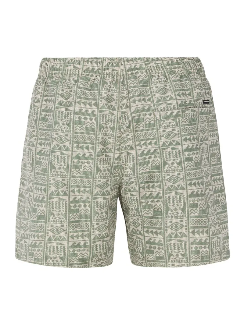 Artichoke Green Badeshorts mit geometrischem Muster, elastischem Bund und Gesäßtasche.