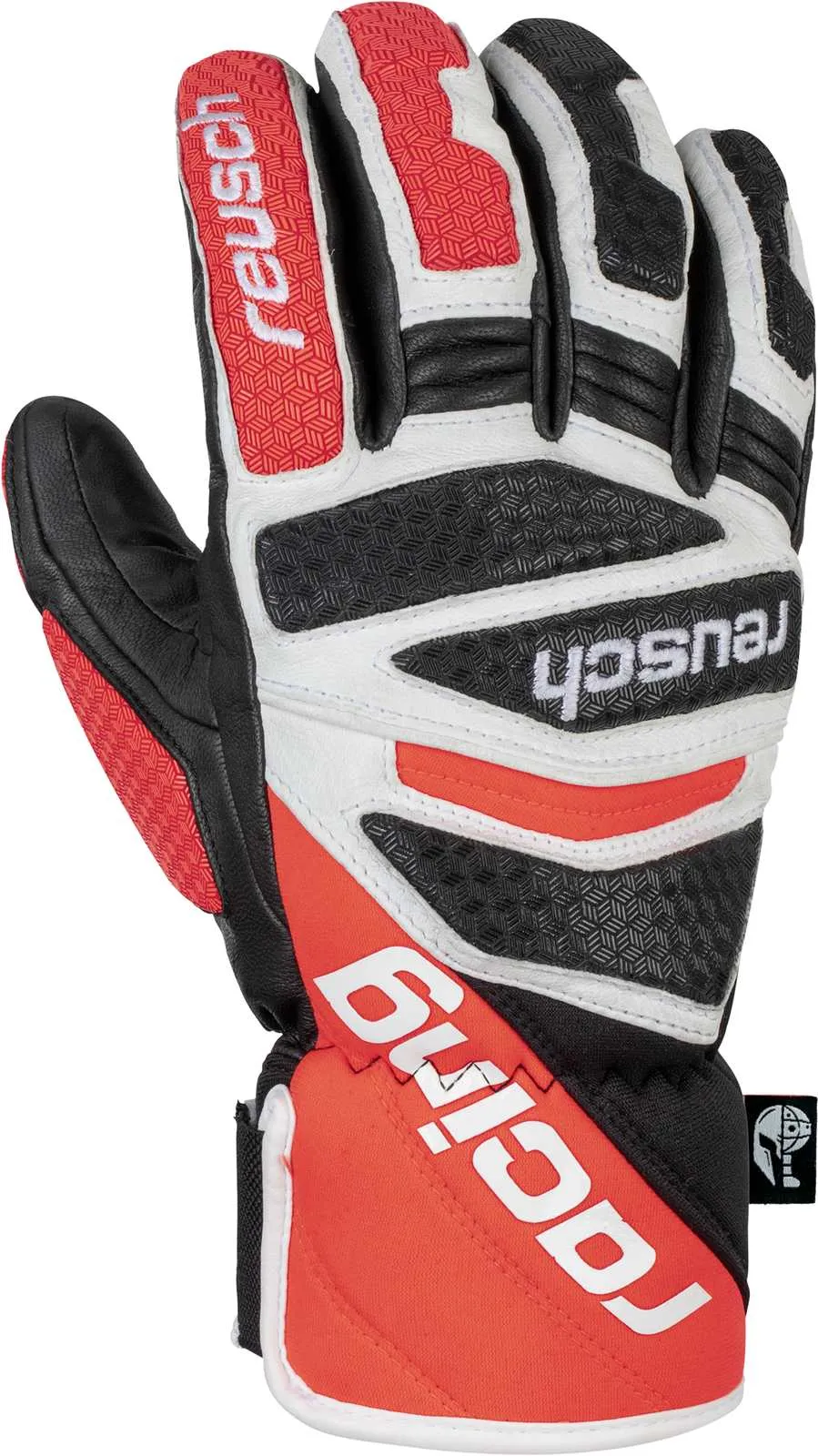 Roter, schwarzer und weißer Reusch Worldcup Warrior DH Rennhandschuh mit Leder und Racing Aufdruck.