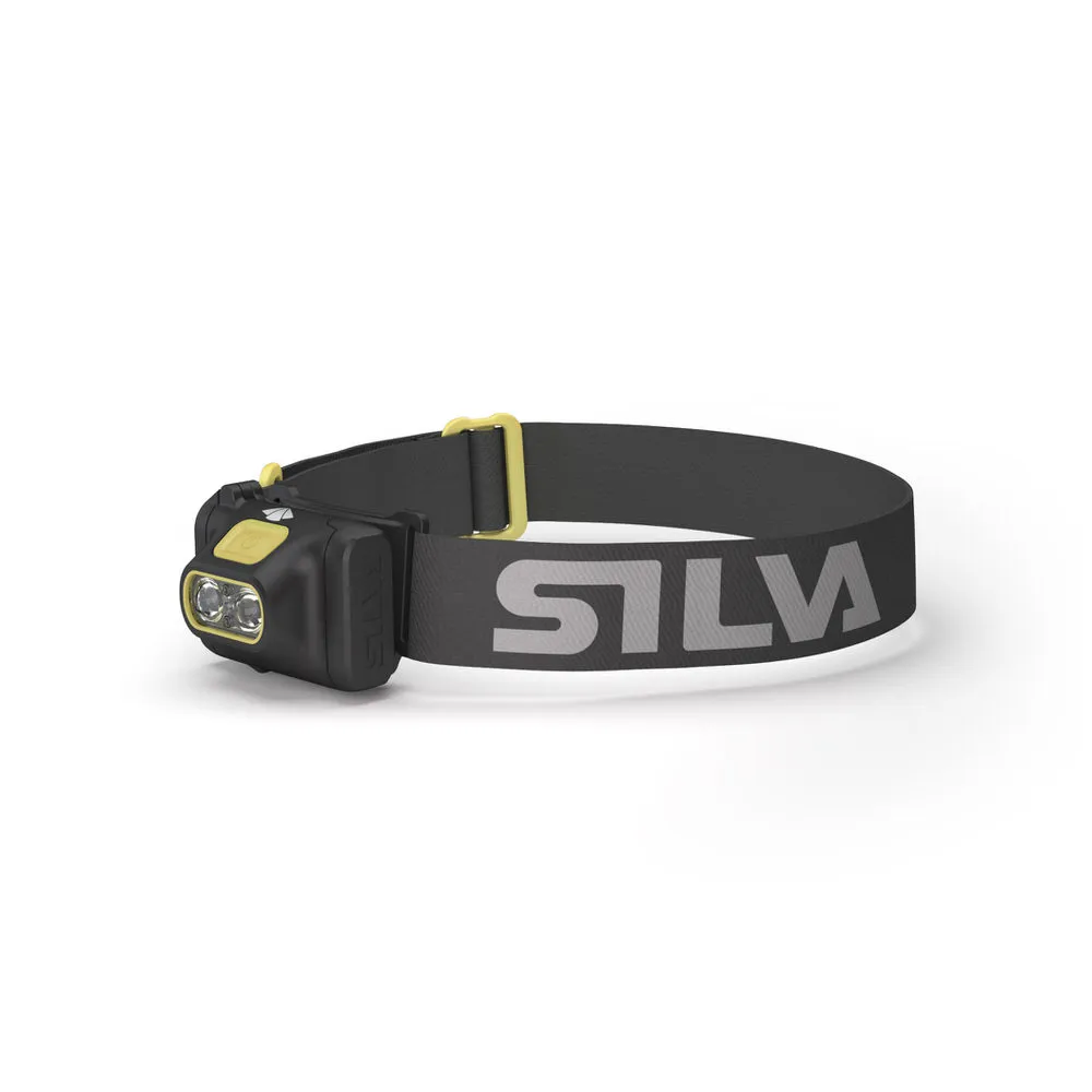 Nahaufnahme der Stirnlampe Silva Scout 3, mit schwarzem Stirnband und gelben Akzenten, Frontansicht.