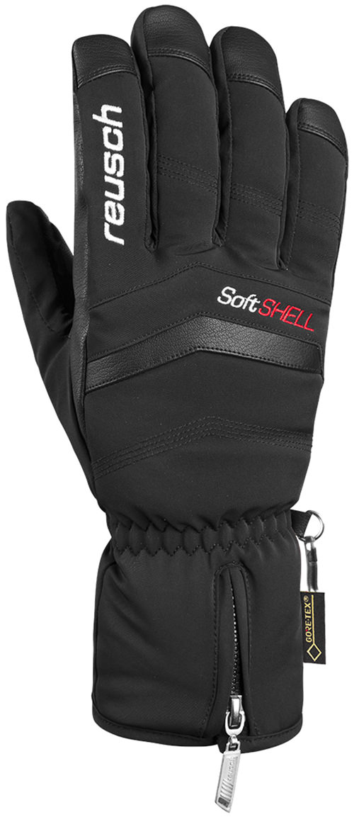Reusch X-Liner Skihandschuhe Schwarzer Reusch X-Liner GTX Skihandschuh mit Softshell und Gore-Tex Anhänger, Detailaufnahme.