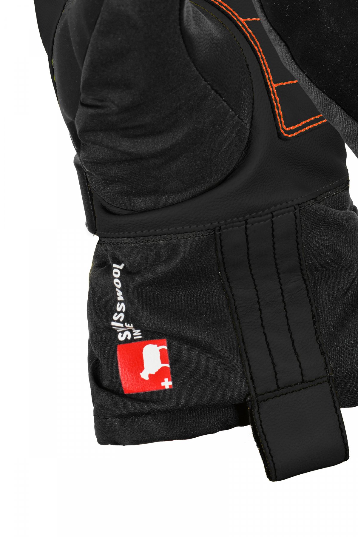 Schwarze Ortovox Handschuhe Detailaufnahme eines schwarzen Ortovox Lobster Glove Pro SW mit Swisswool-Logo und Lederdetails.