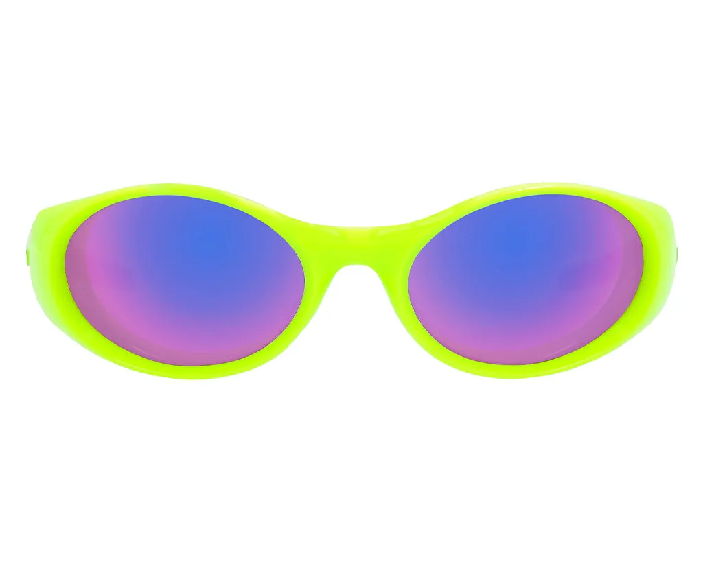Gelbe Sonnenbrille "The Sludge Slammer" mit bläulich-lila getönten Gläsern, frontal und zentriert.