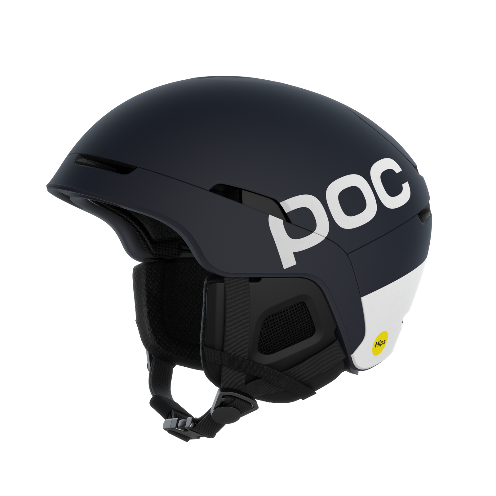 POC Obex BC MIPS Skihelm Marine matter POC Obex BC MIPS Skihelm mit weißem POC Logo und gelbem Mips Aufkleber, seitliche Ansicht.