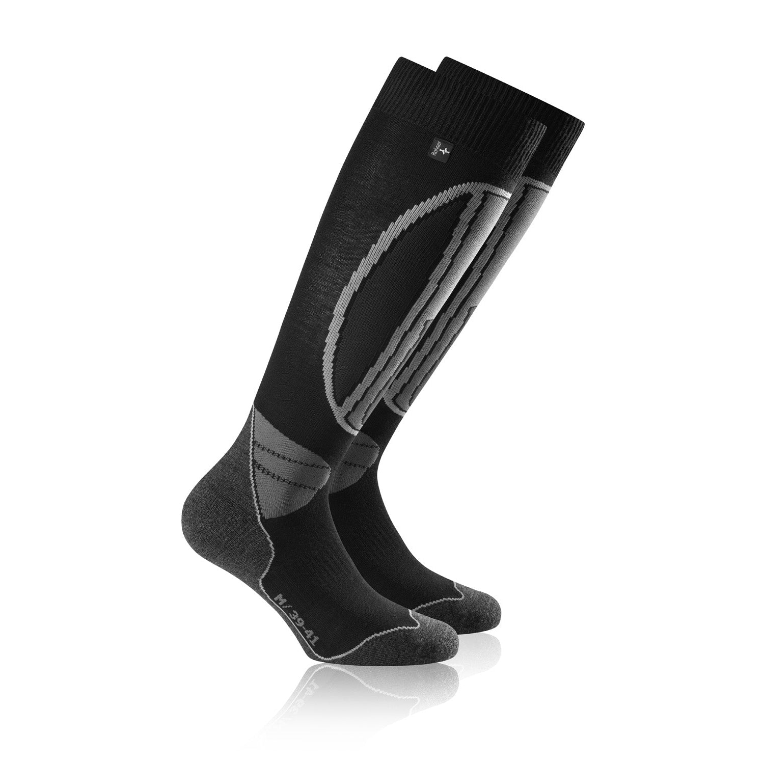 Schwarze, kniehohe Performance-Socken mit grauen Akzenten im Paar, Größe M (39-41).