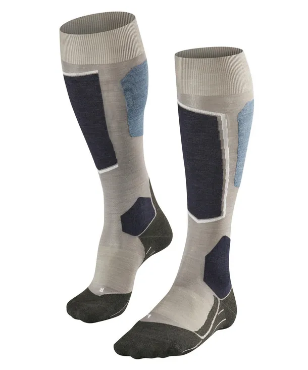 Grau melierte Falke SK6 Skiing Kniestrümpfe mit Verstärkungen im Detail.