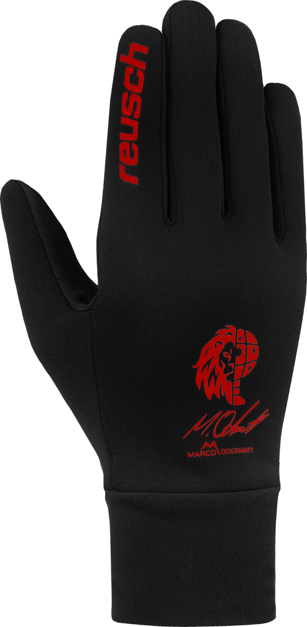 Schwarzer Reusch Fleece Handschuh mit rotem Logo, Löwenkopf, Unterschrift und "Marco Odermatt" Schriftzug.