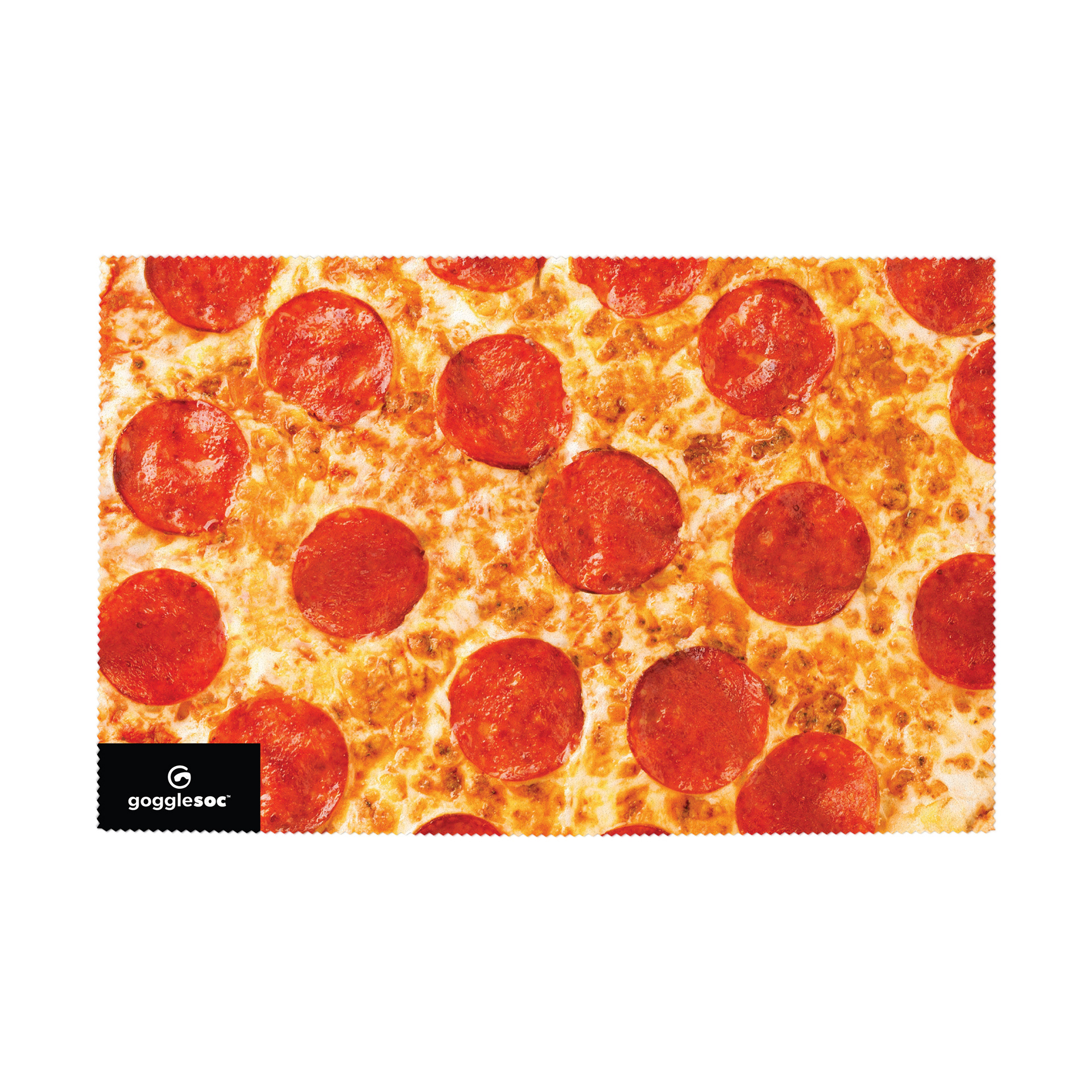 Pizza-Muster Textil Textil mit Pizza-Muster: Salami-Scheiben auf Käse und Teig, zackiger Rand. Linke, untere Ecke mit kleinem, schwarzen Logo.