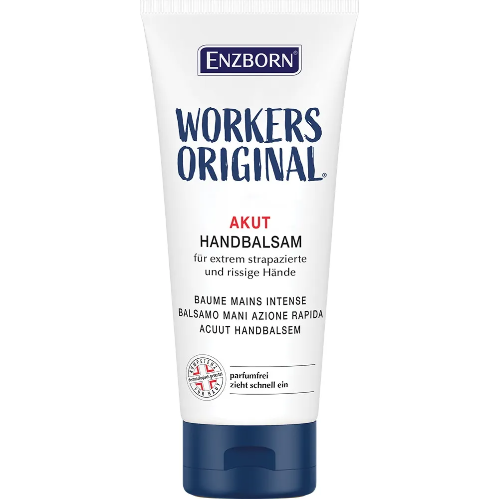 Weiße Tube Handbalsam von Enzborn, "Workers Original", mit blauem Schriftzug und blauem Deckel. Informationen zu Inhaltsstoffen und Eigenschaften aufgedruckt.