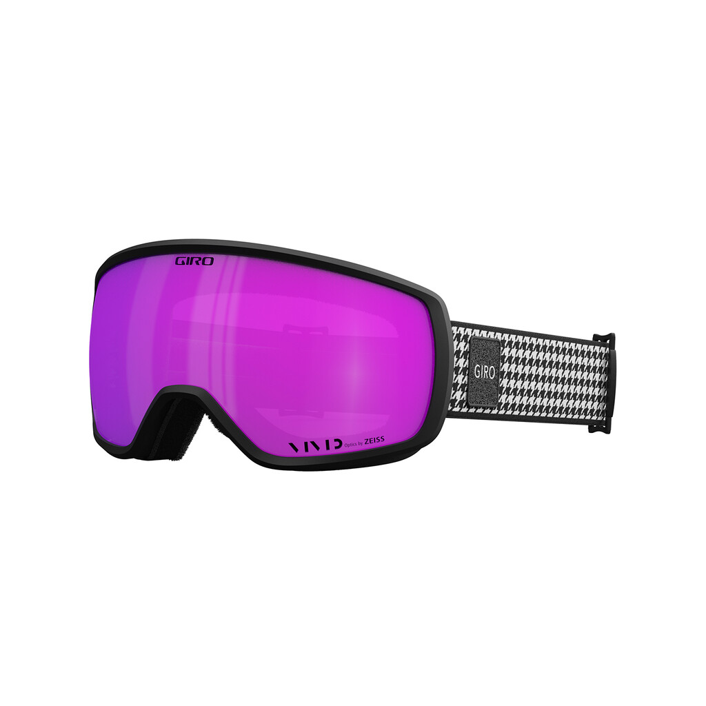 Giro Balance II Skibrille in Schwarz-Weiss mit pinkfarbener VIVID-Scheibe und Hahnentritt-Muster am Band.