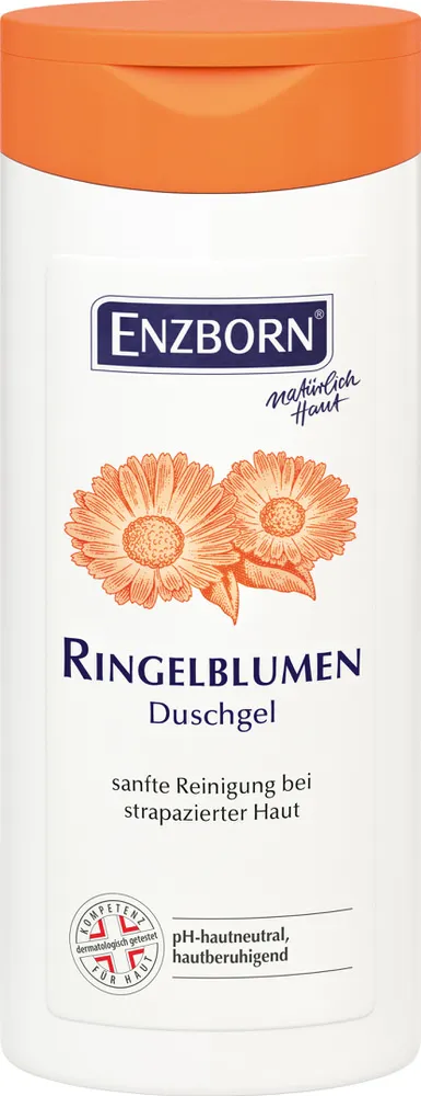 Weiße Flasche Ringelblumen Duschgel mit orangem Deckel und Ringelblumen-Motiv.