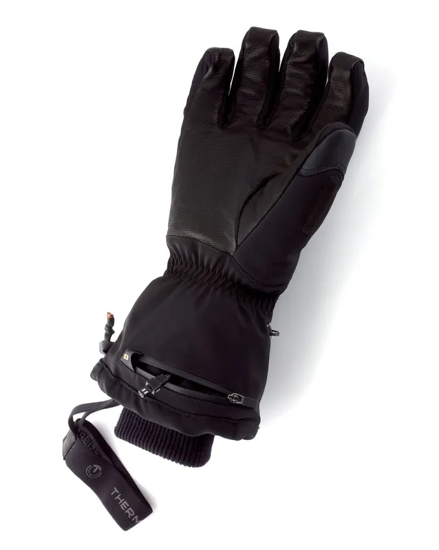 Ein einzelner, schwarzer Therm-ic Heat Ultra Glove Men, mit Leder an der Handfläche und einer Tasche am Handgelenk.