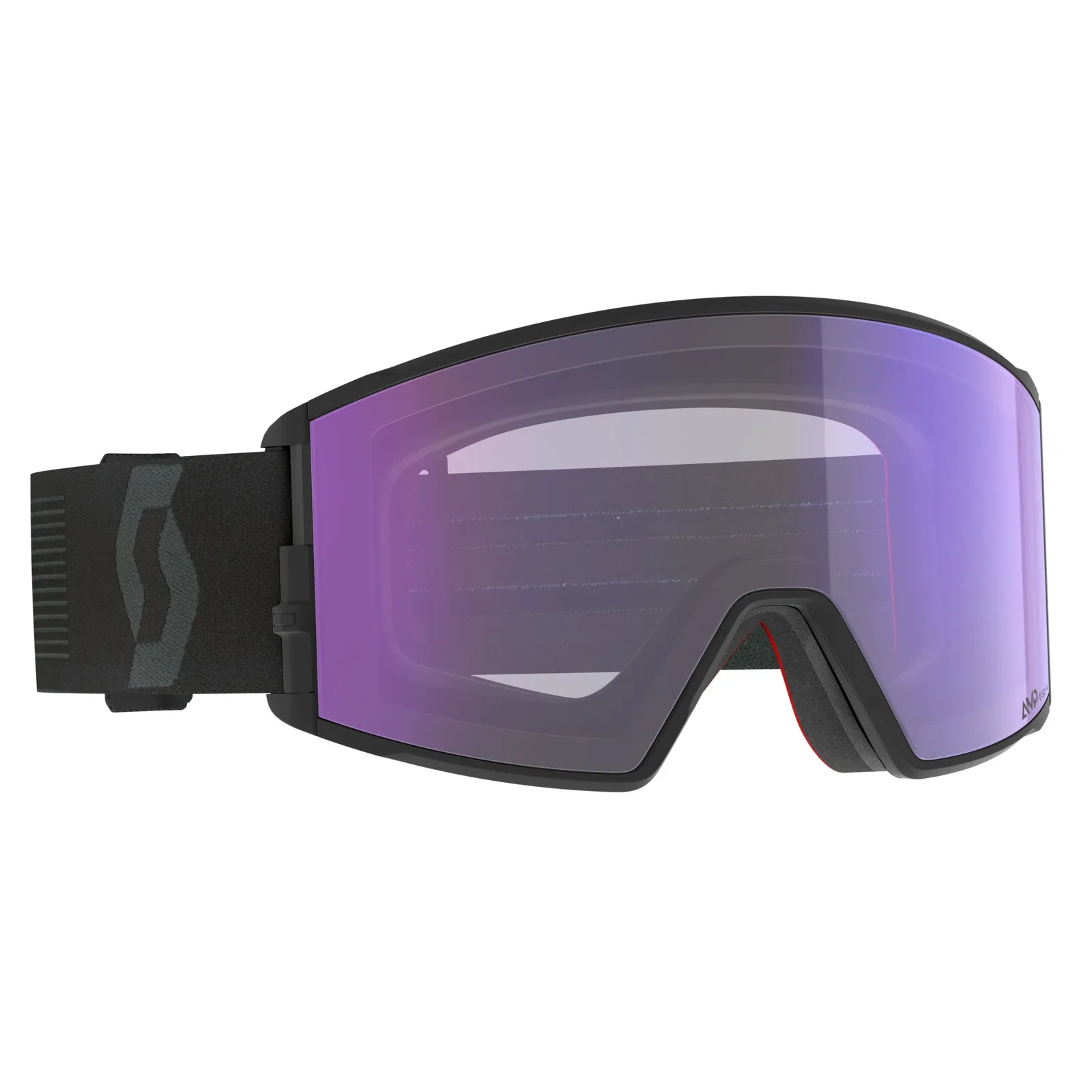 Schwarze Skibrille mit lila Glas und gepolstertem, verstellbaren Band, in Studioaufnahme vor einem weißen Hintergrund.