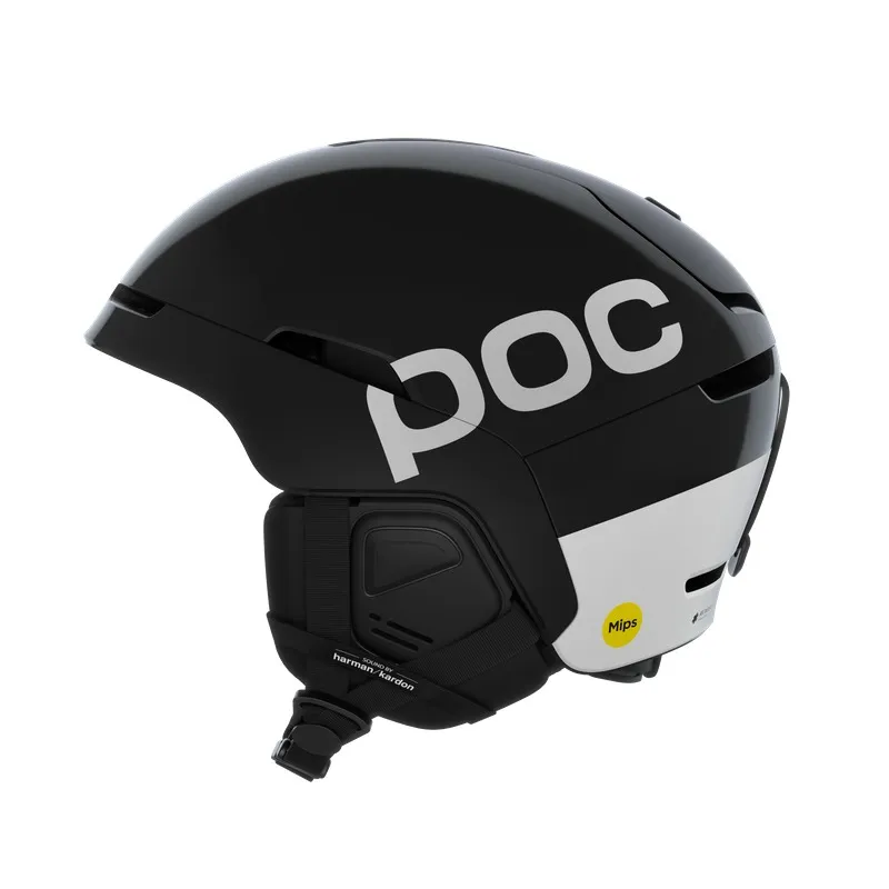 Schwarzer Obex Connect Skihelm mit weißem POC Logo und Harman Kardon Sound System seitlich, Mips Aufkleber.