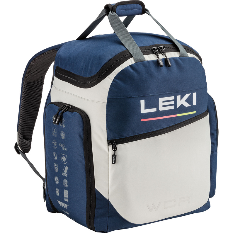 LEKI Skischuhtasche blau-weiß Blaue und weiße Leki Skischuhtasche mit Reißverschlüssen, Tragegriffen und Schultergurten. Aufdruck: "LEKI" und "WCR".
