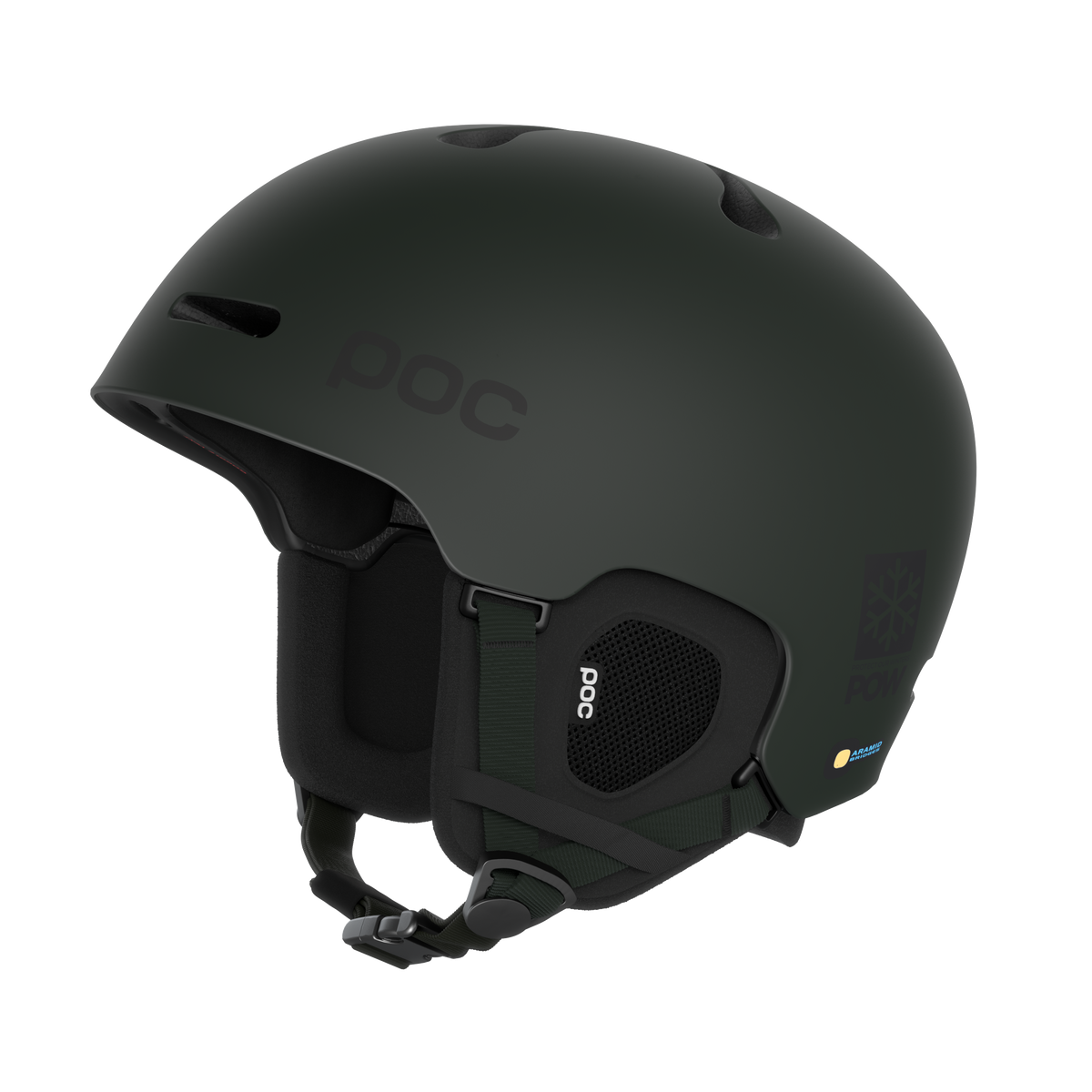 Dunkelgrüner Poc Fornix Mips POW JJ Skihelm, seitliche Ansicht mit Belüftungslöchern und Kinnriemen.