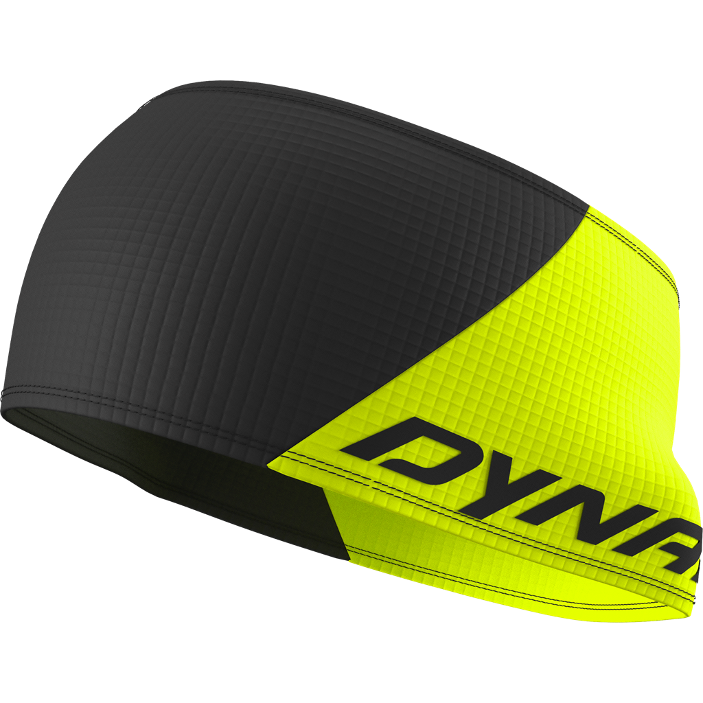 Stirnband Schwarz-Neon-Gelb Stirnband in Schwarz und Neon-Gelb mit dem schwarzen Schriftzug "DYNAFIT" auf der Seite. Rautenmuster überzieht das gesamte Stirnband.