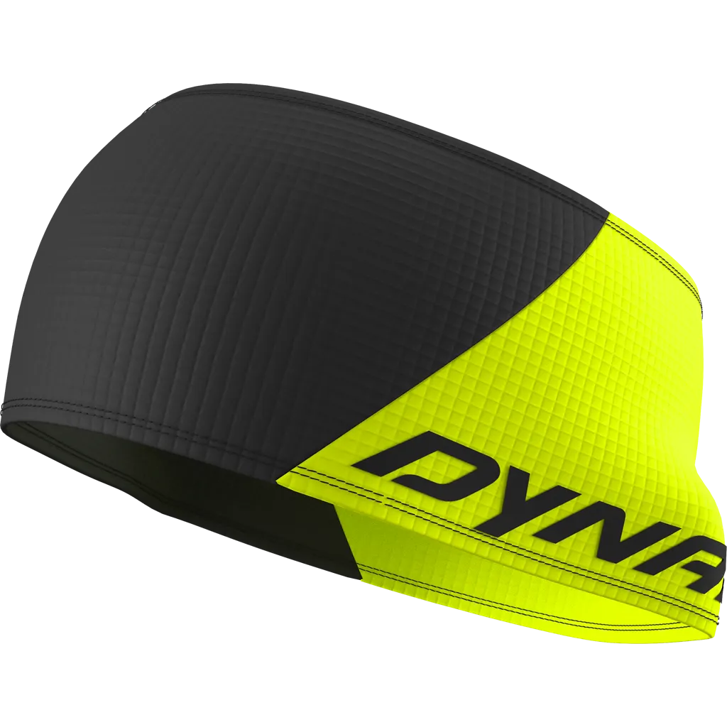 Stirnband in Schwarz und Neon-Gelb mit dem schwarzen Schriftzug "DYNAFIT" auf der Seite. Rautenmuster überzieht das gesamte Stirnband.
