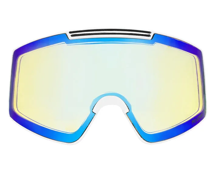 Frontale Ansicht der Miami Nights Proform Goggle Linse mit blauem Rahmen und gelbem Farbverlauf in der Mitte.