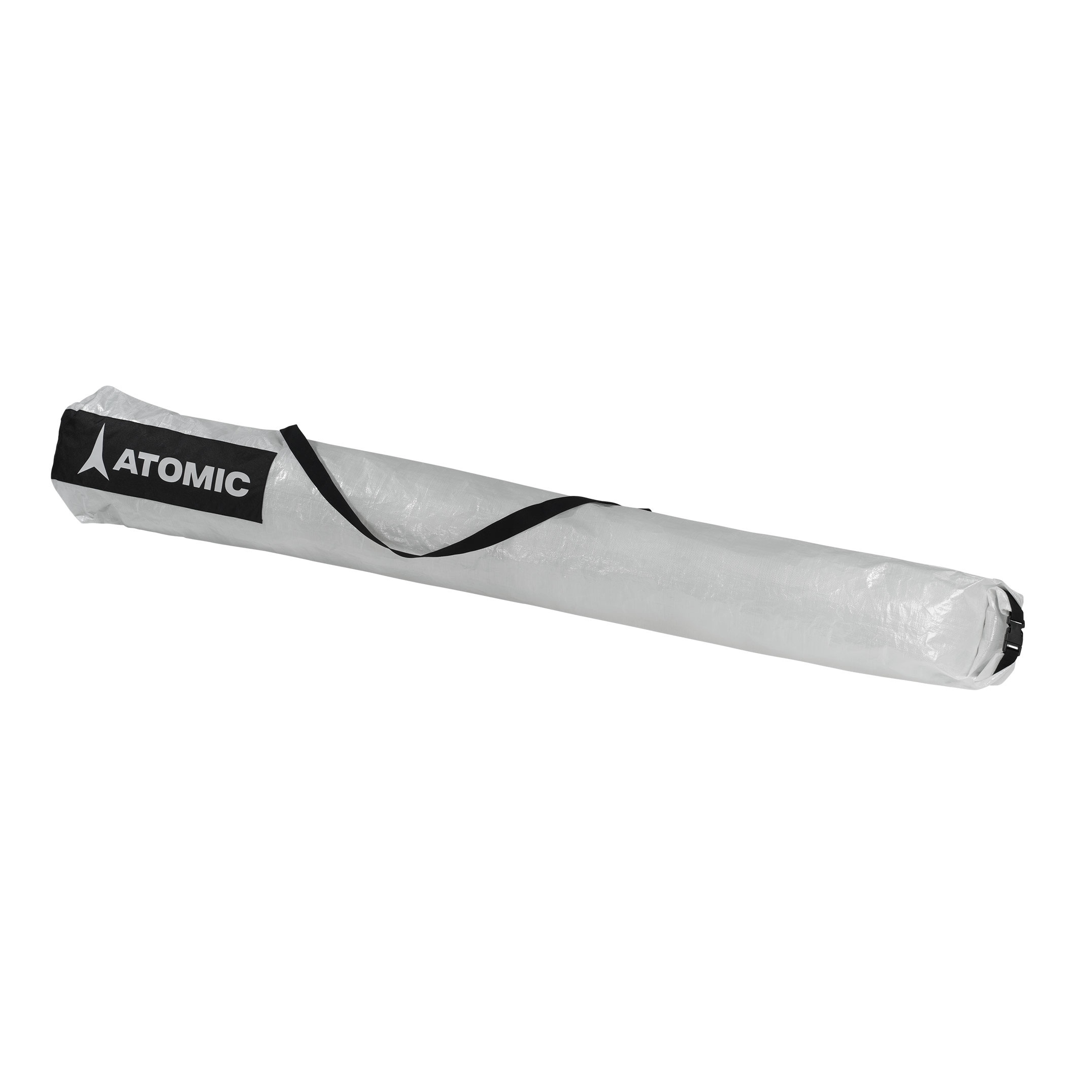 Transparenter, länglicher Skisack mit schwarzem Tragegurt und Atomic Logo.