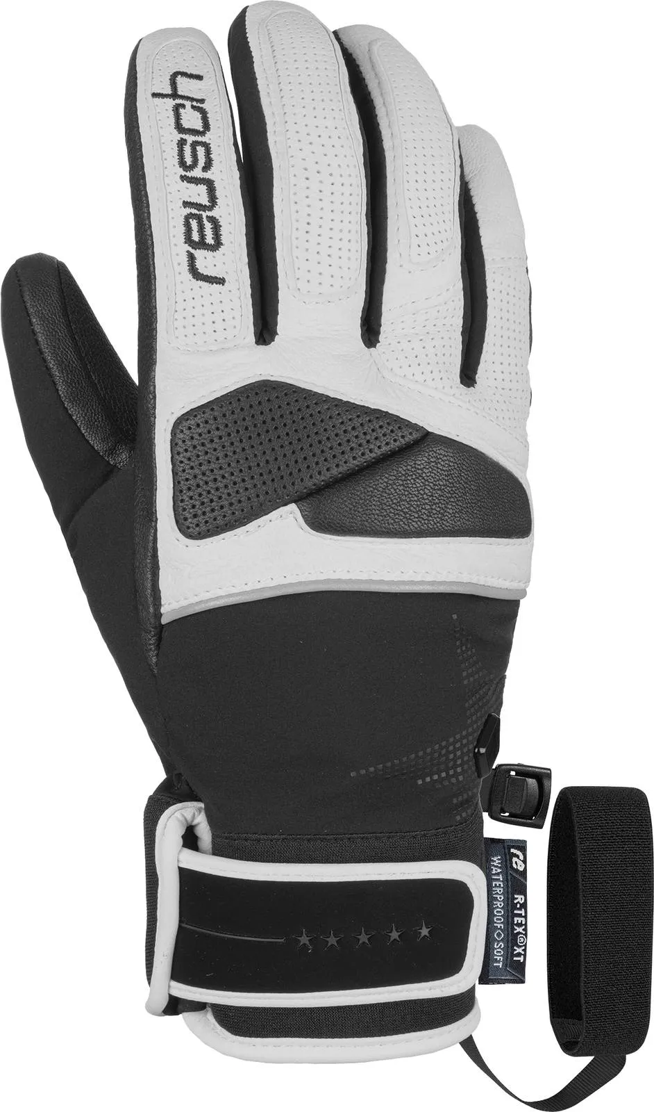 Nahaufnahme von Reusch Mikaela Shiffrin R-TEX Ski-Handschuh in Schwarz und Weiß, Handfläche nach oben.