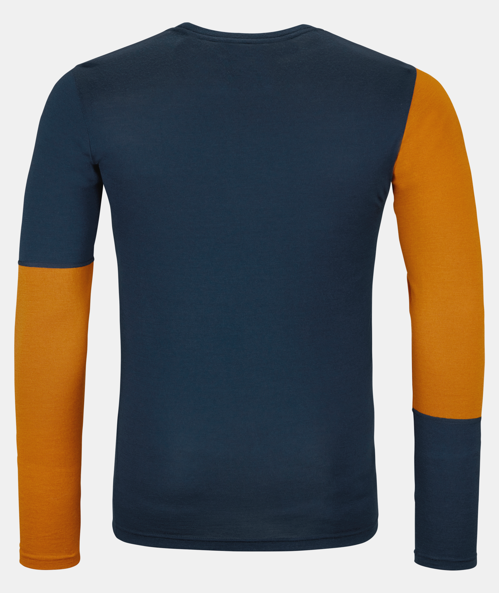 Rückansicht vom Deep Ocean Merino Longsleeve mit einem orangefarbenen Ärmel.