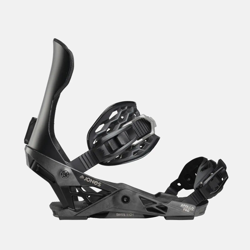 Schwarze Jones Apollo Pro Snowboardbindung, seitliche Ansicht mit sichtbaren Straps und Highback.