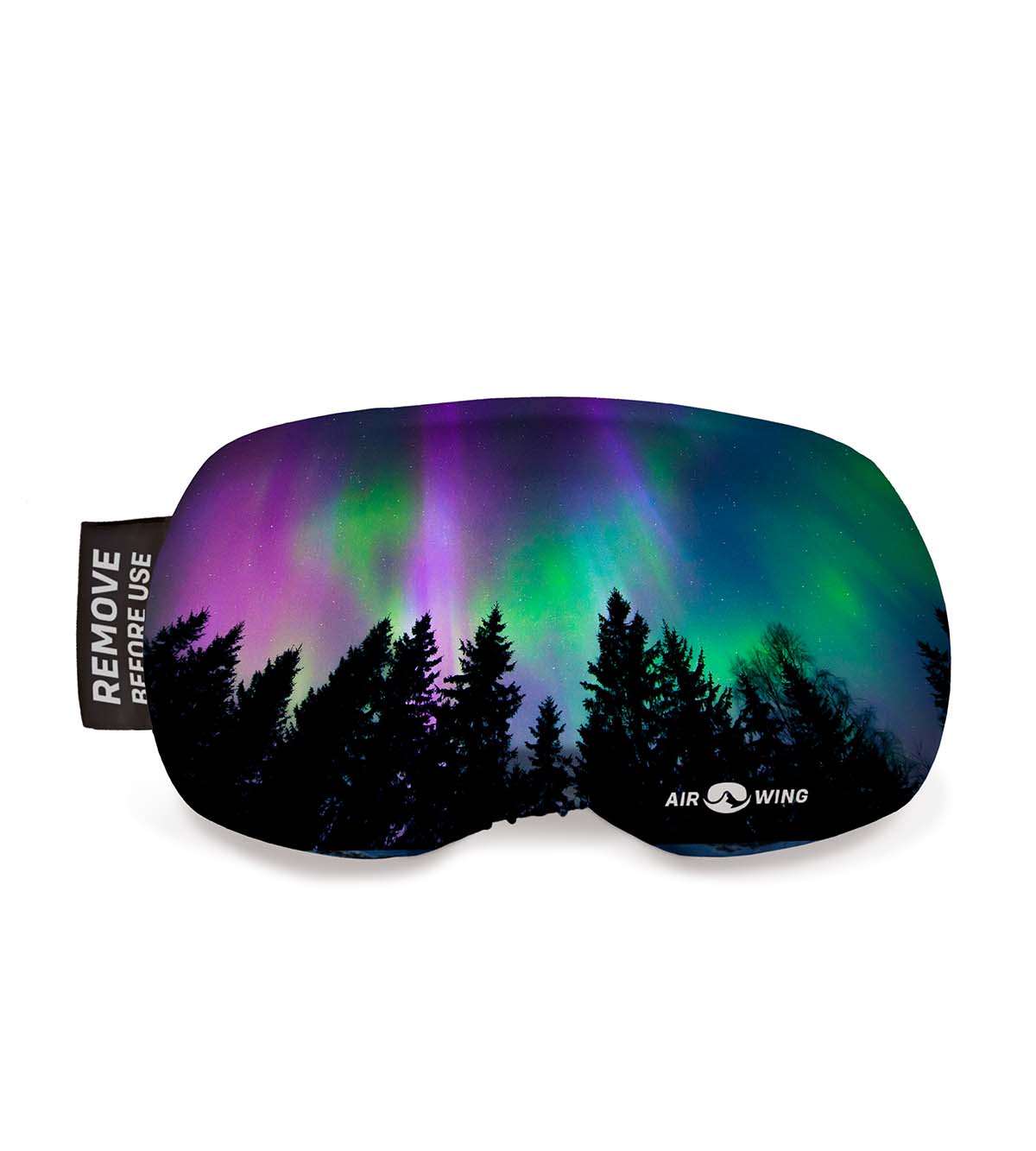 Airwing-Polar: Skibrillen Schutzhülle mit Polarlicht- und Waldmotiv. Label "Remove Before Use".