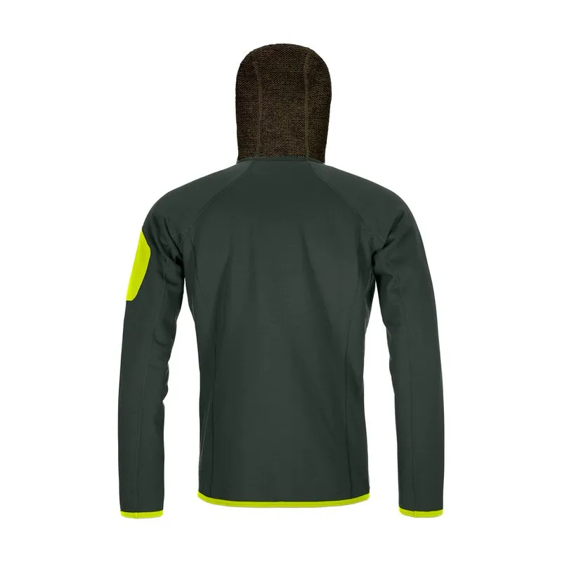 Rückansicht eines grünen Fleece Hoody mit Strick-Kapuze und gelben Akzenten.